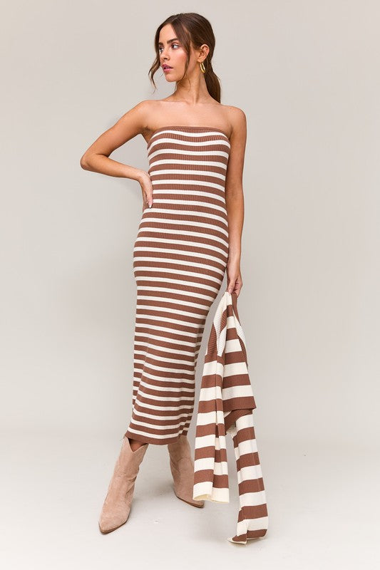 stripe a pose ribbed midi dress coco cream