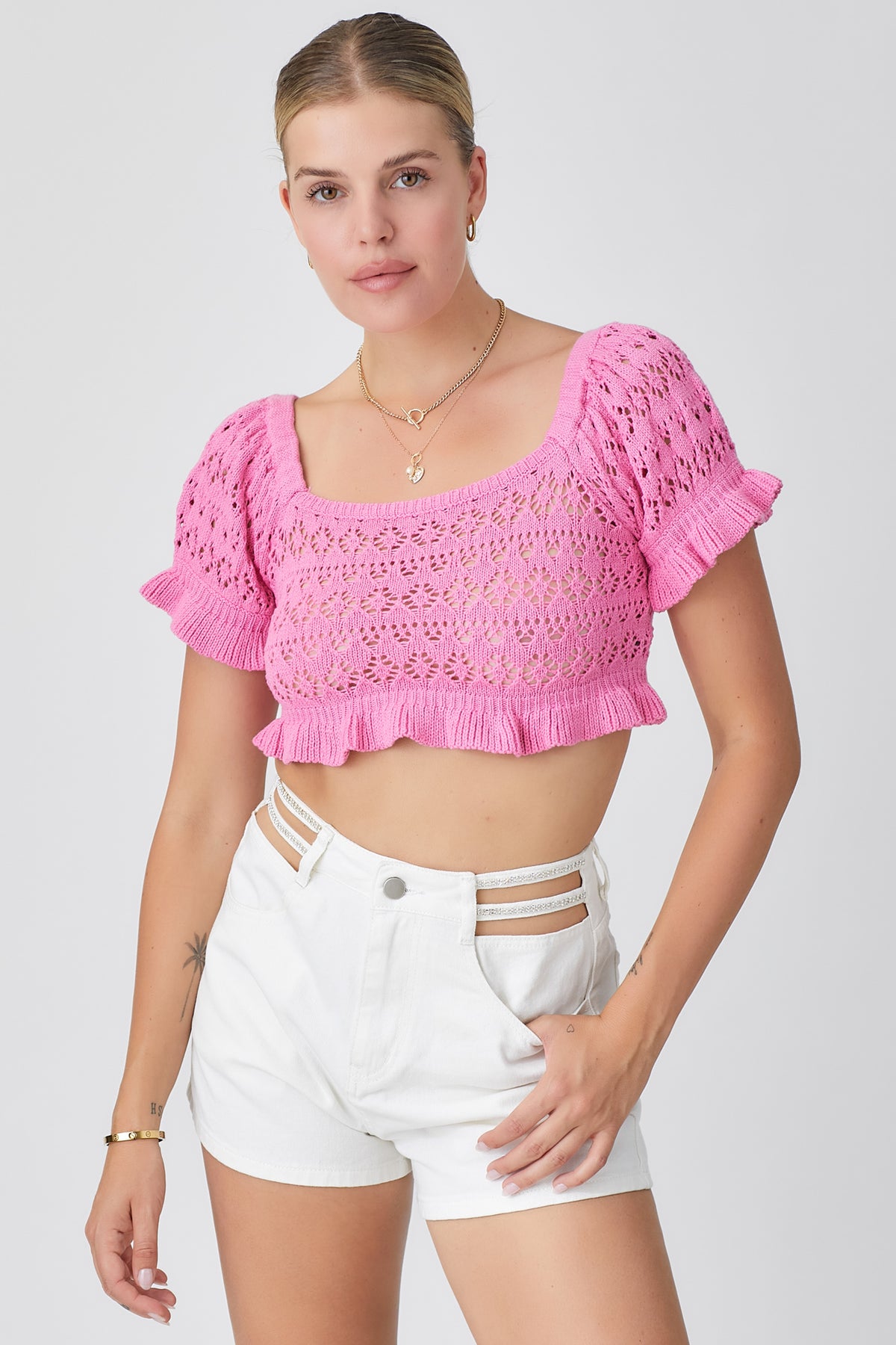 weekend breeze crochet knit top {pink}