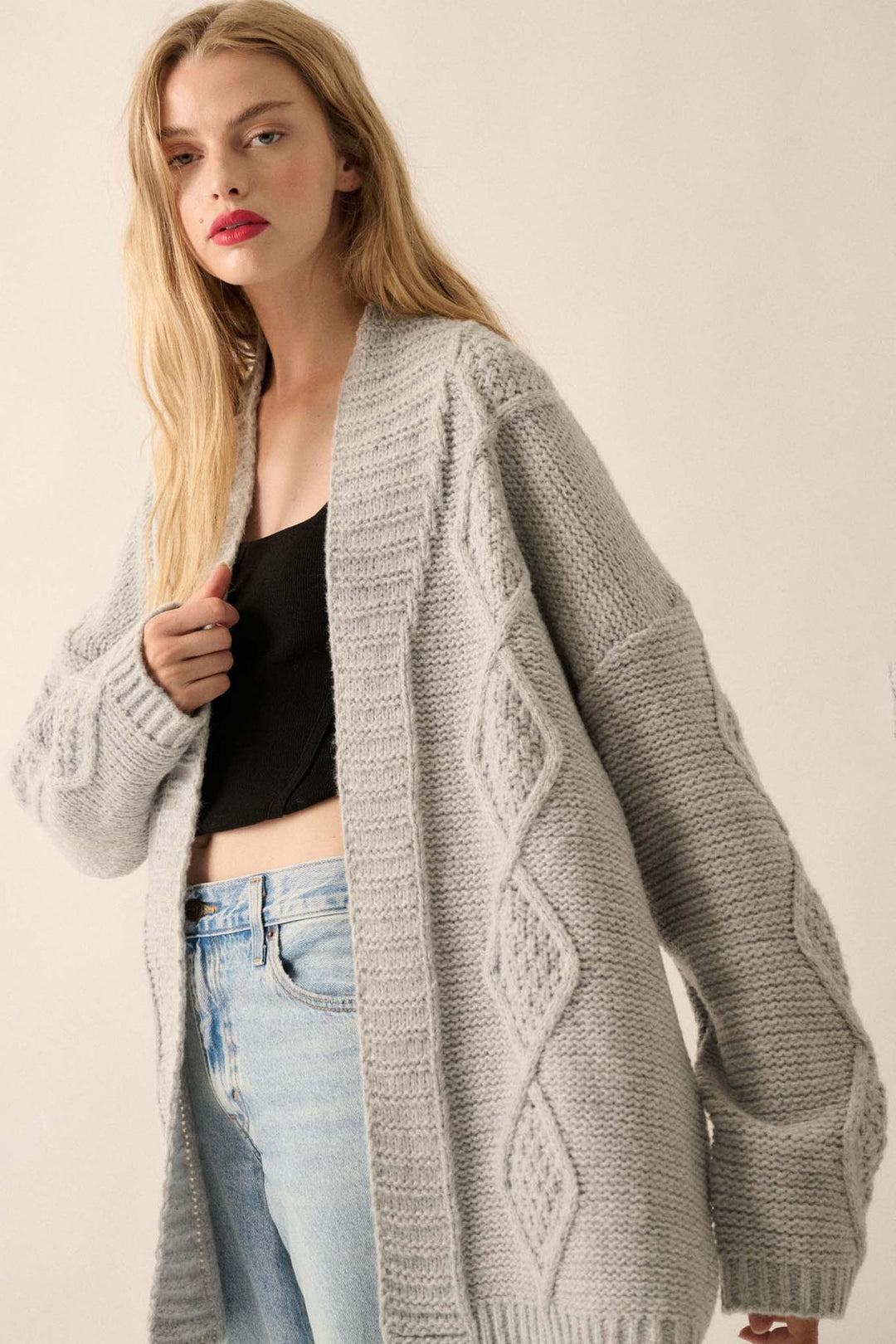Grey cable knit cardigan deals