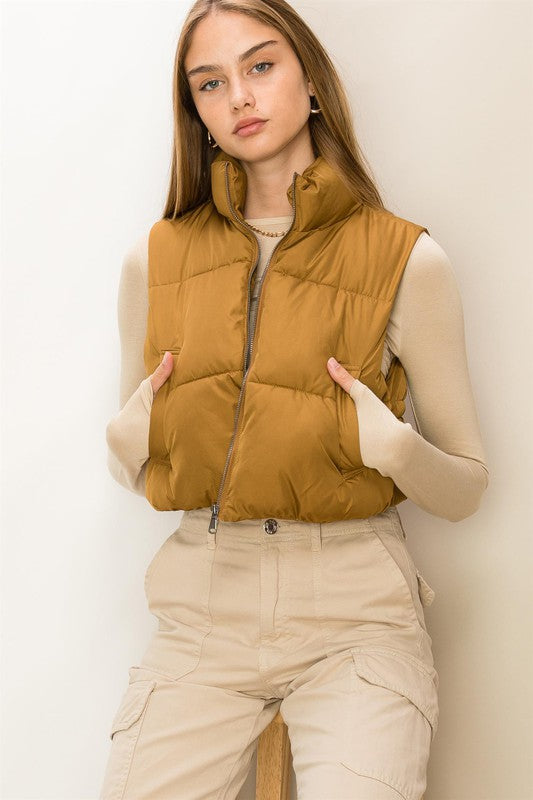 Instant Confidence Cropped Puffer Vest {pale Brown} Large